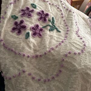 White Chenille Throw Blanket with Purple Floral Tufting